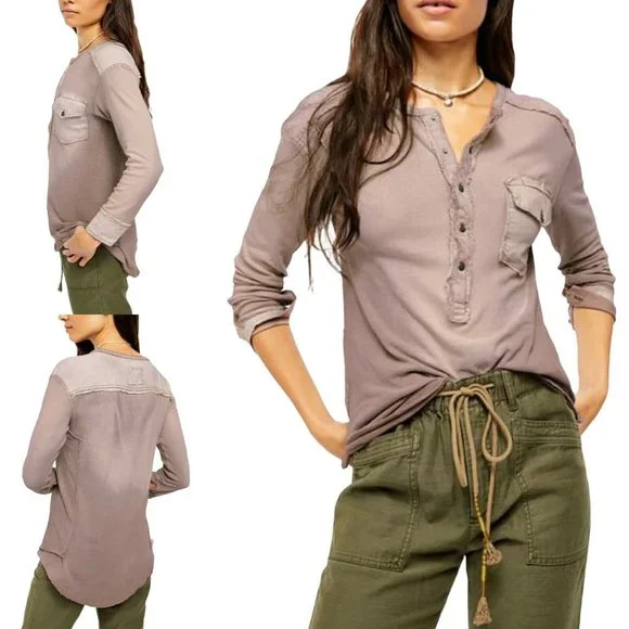 Free People Gene Henley REISHI Purple Snap Button Shirt Size Large - Picture 1 of 5